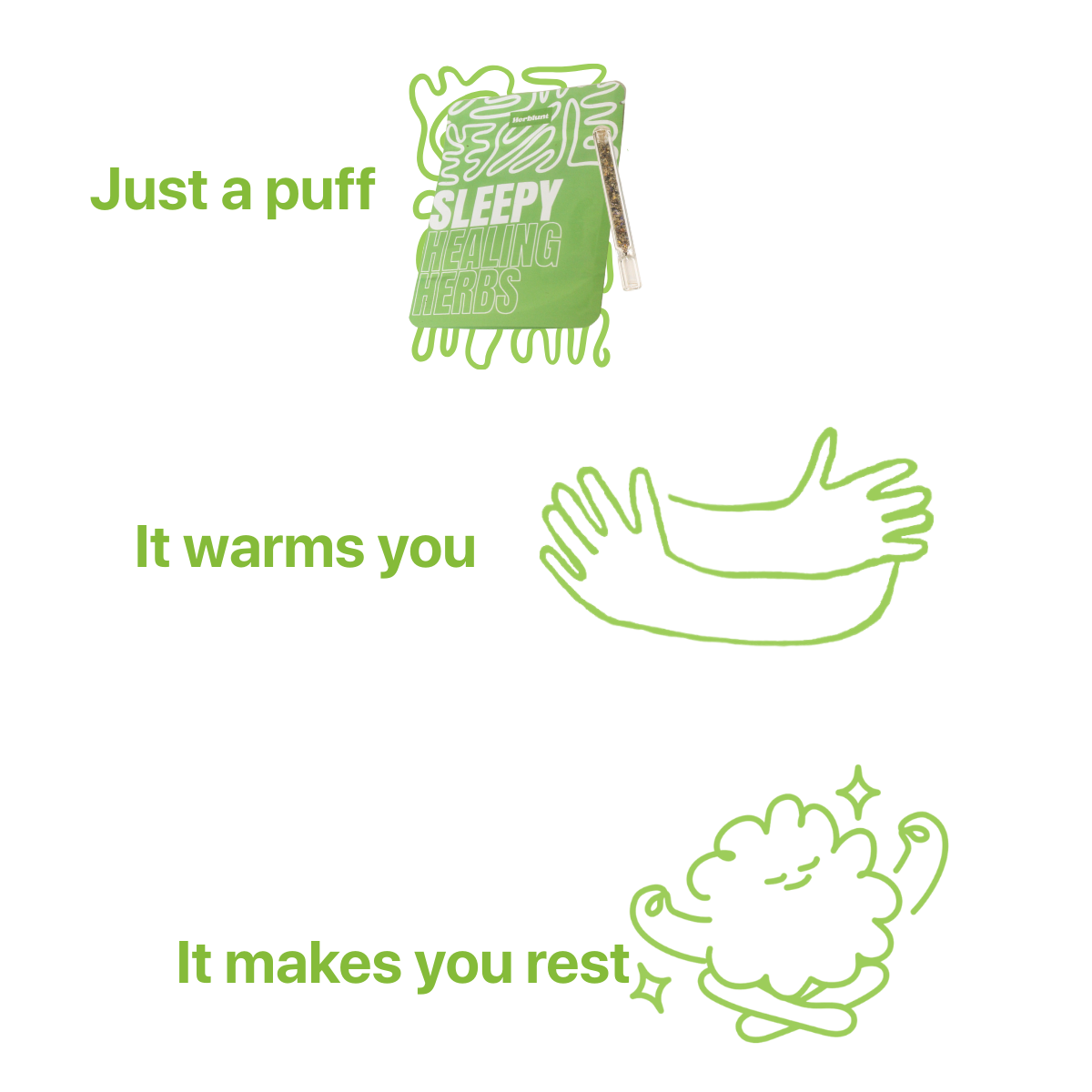 Promotional Herblunt sleepy blend graphic for a product with text and illustrations on a white background
