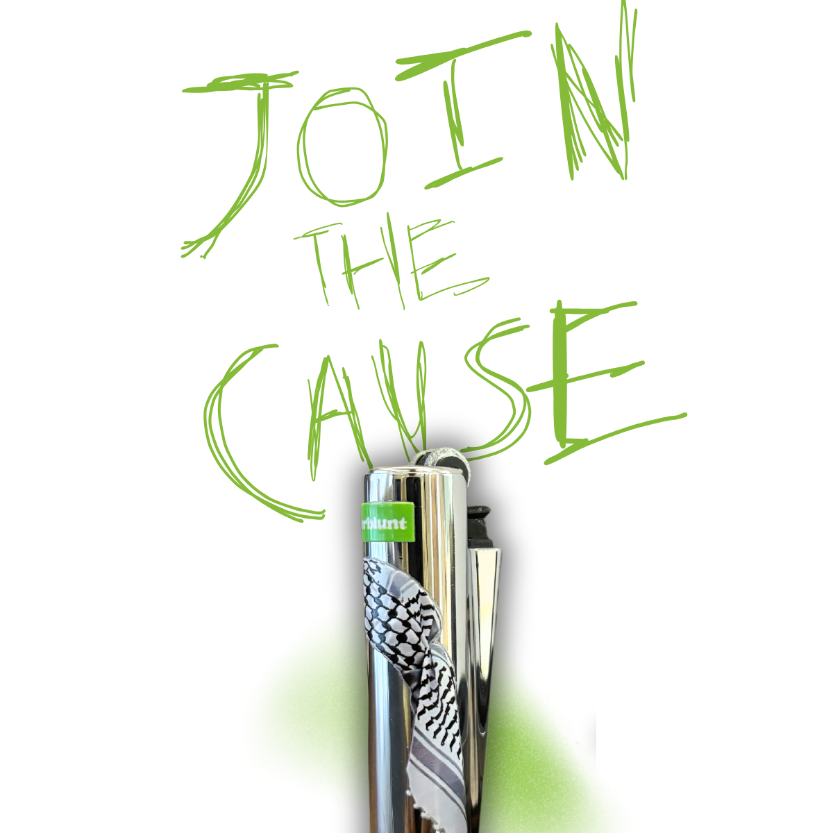 Herblunt lighter with green label and text 'Join the Cause' on a white background