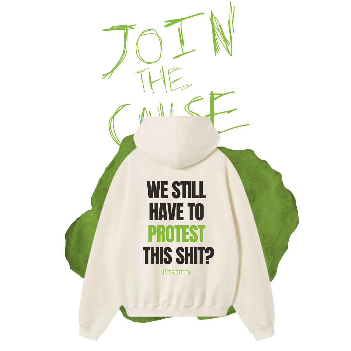 Herblunt White hoodie with green lining and text on a white background